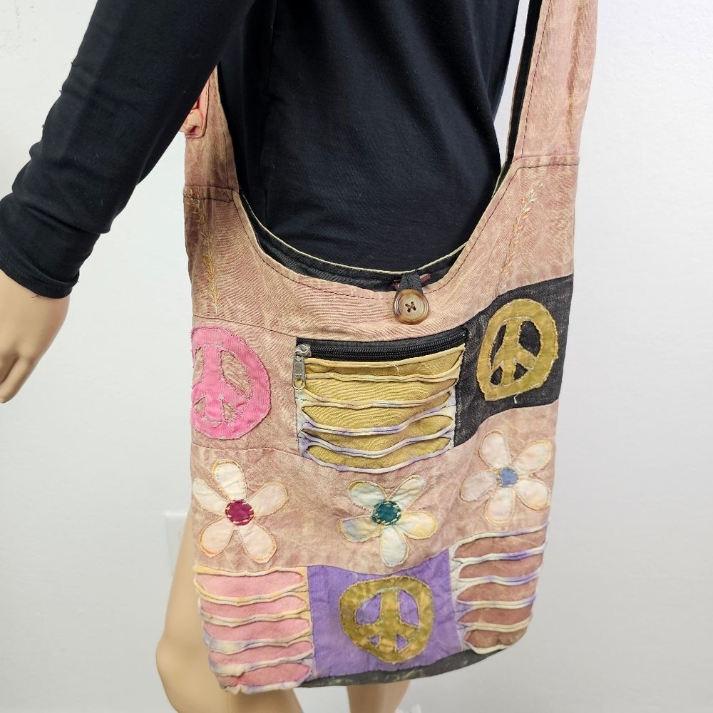 Hobo Bag Patchwork Peace Floral Hippie Cotton Cross Body Shoulder Bag By KPC